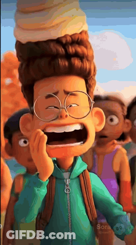 Cartoon Boy With Glasses And Backpack Laughing With Ice Cream Cone On Head GIF