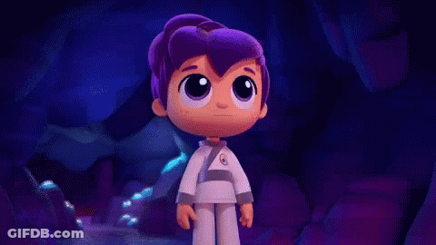 Cartoon Boy With Purple Hair Hands On Hips Eyes Closed Cave GIF