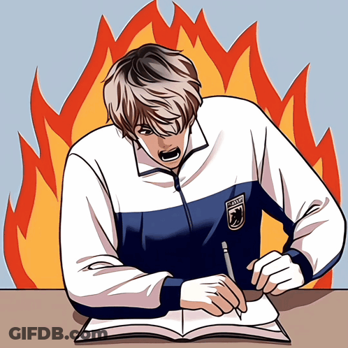 Cartoon Boy Writing In Notebook With Flame GIF
