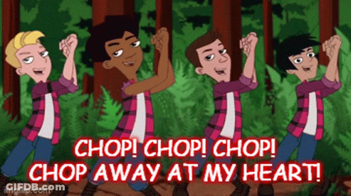 Cartoon Boys Dancing In Woods Saying Chop Chop Chop Chop Chop Away At My Heart GIF