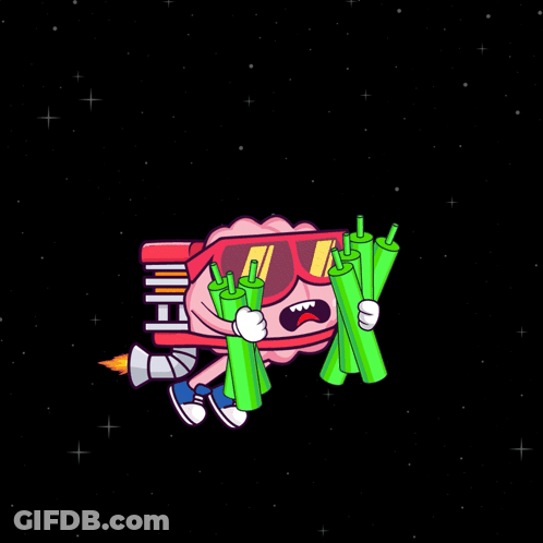 Cartoon Brain Flying Through Space With Rocket GIF