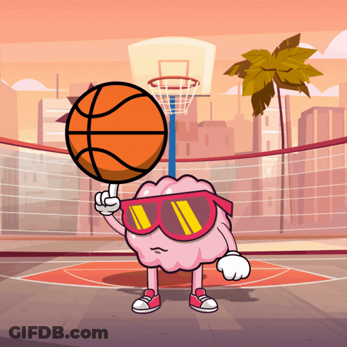 Cartoon Brain Holding Basketball On Court GIF