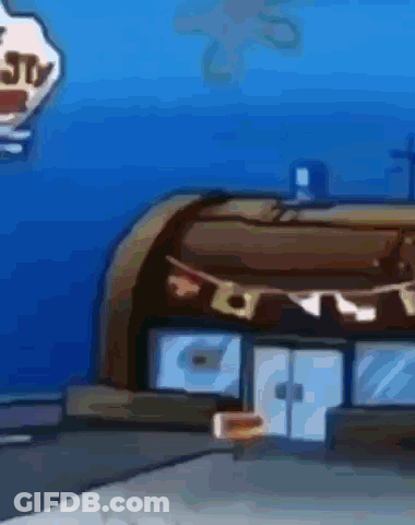 Cartoon Building With Krusty Krab Sign GIF