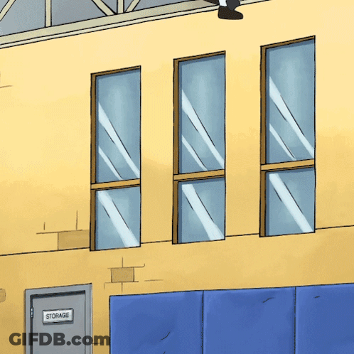 Cartoon Building With Three Windows And Storage Door GIF