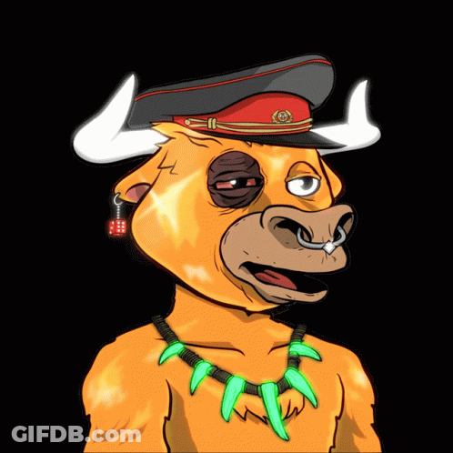 Cartoon Bull Wearing Red Hat And Green Necklace GIF