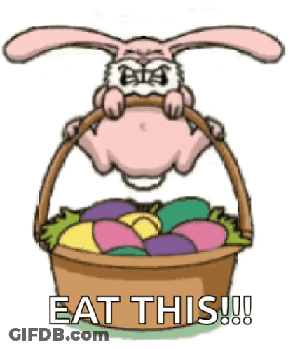 Cartoon Bunny Holding Easter Eggs Basket Says Eat This GIF