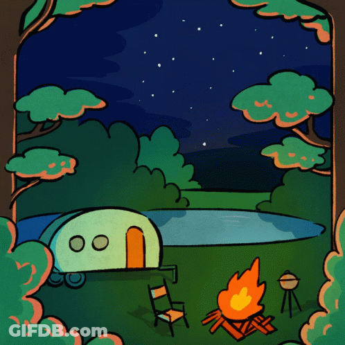 Cartoon Campsite With Camper And Campfire GIF