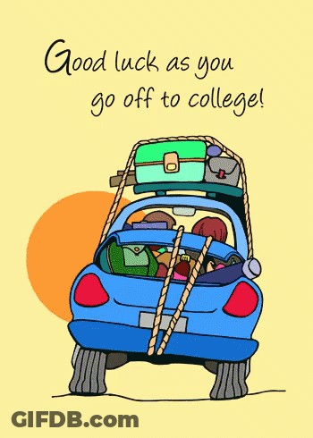 Cartoon Car With Luggage Saying Good Luck As You Go Off To College GIF
