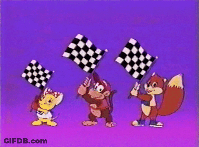 Cartoon Carrying Checkered Flags GIF