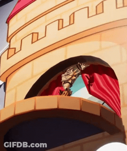 Cartoon Castle With Red Curtain On Balcony GIF