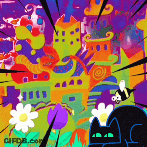 Cartoon Cat And Bee In Front Of Castle GIF