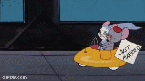Cartoon Cat And Mouse In Yellow Car Just Married GIF