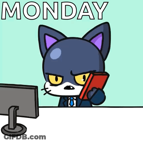 Cartoon Cat At Desk Holding Book And Cell Phone With Monday GIF