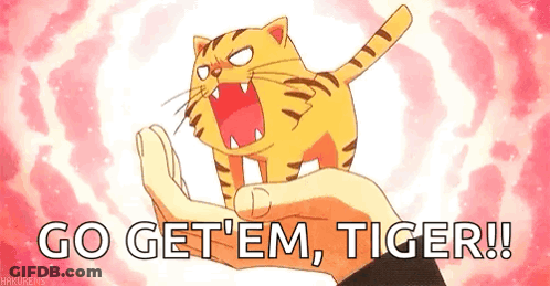 Cartoon Cat Being Held With Go Get Em Tiger GIF