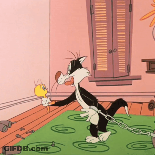 Cartoon Cat Chained To Green Rug GIF