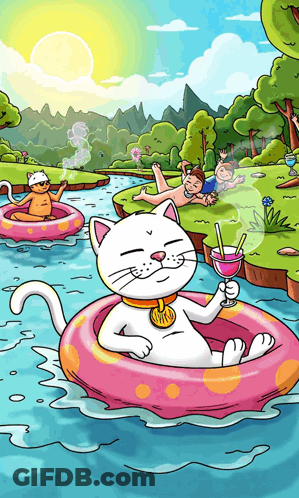 Cartoon Cat Floating On Raft GIF