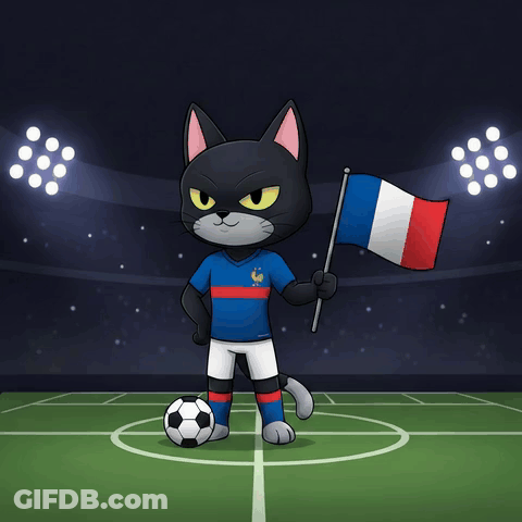 Cartoon Cat French Jersey Holding Flag Soccer Ball GIF