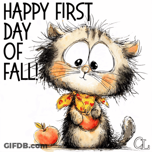 Cartoon Cat Holding Apple Happy First Day Of Fall GIF
