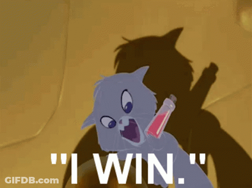Cartoon Cat Holding Bottle Saying I Win GIF