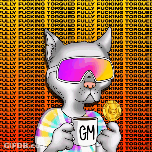 Cartoon Cat Holding Coffee Cup With GM GIF