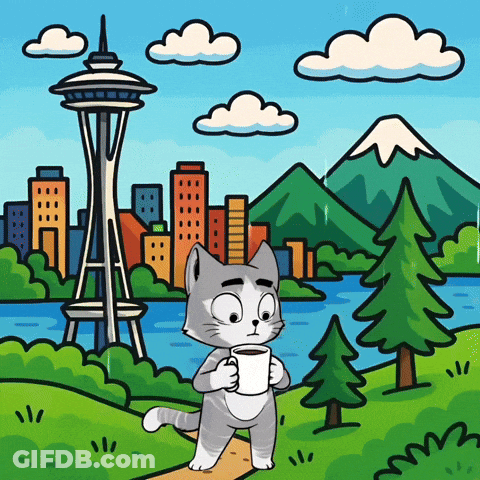Cartoon Cat Holding Coffee In Front Of City Skyline GIF