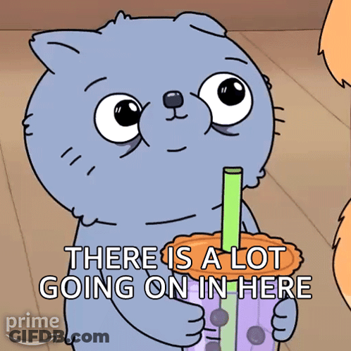 Cartoon Cat Holding Drink Saying There Is A Lot Going On In Here GIF