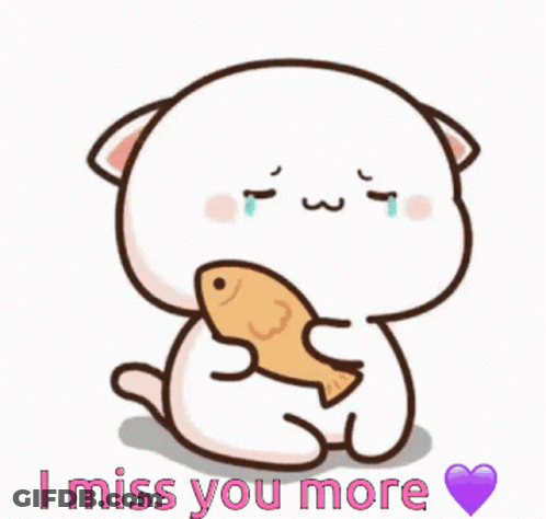 Cartoon Cat Holding Fish I Miss You More GIF