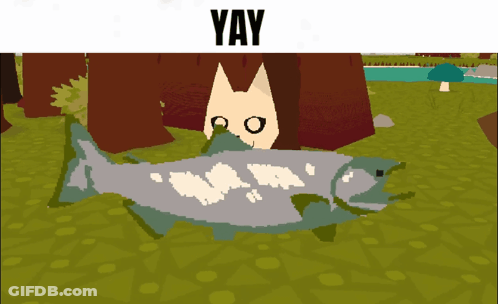 Cartoon Cat Holding Fish Saying Yay GIF