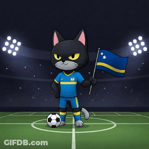 Cartoon Cat Holding Flag And Soccer Ball GIF