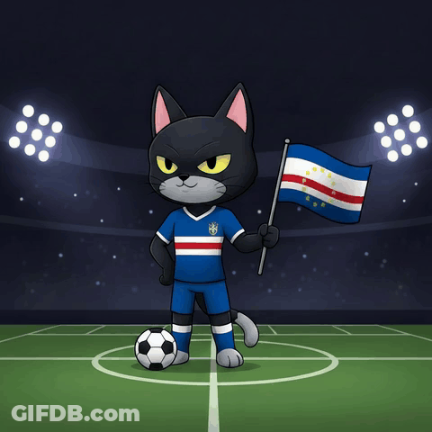 Cartoon Cat Holding Flag And Soccer Ball On Field GIF