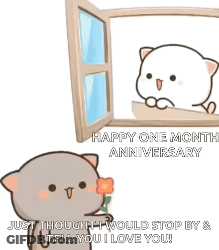 Cartoon Cat Holding Flower Looking Out Window At Another Cat GIF