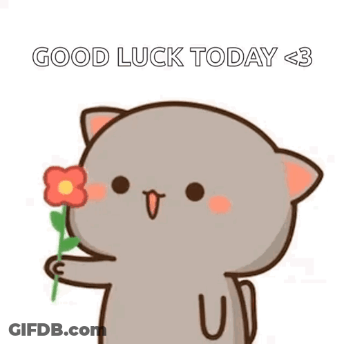 Cartoon Cat Holding Flower Saying Good Luck Today <3 GIF