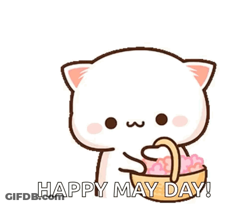 Cartoon Cat Holding Flowers Saying Happy May Day GIF