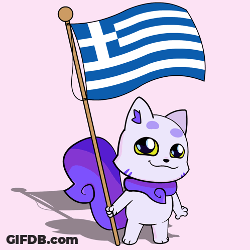 Cartoon Cat Holding Greek Flag On Pole GIF
