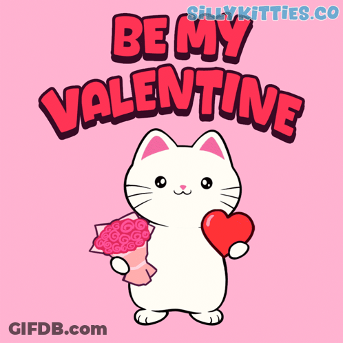 Cartoon Cat Holding Heart And Flowers Be My Valentine GIF