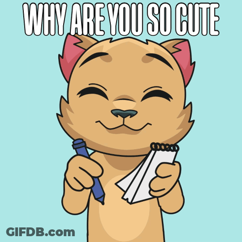 Cartoon Cat Holding Pen And Notepad Saying Why Are You So Cute GIF