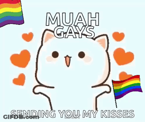 Cartoon Cat Holding Rainbow Flag Saying Muah GIF