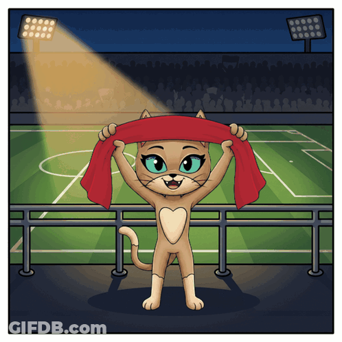 Cartoon Cat Holding Red Scarf In Stadium GIF