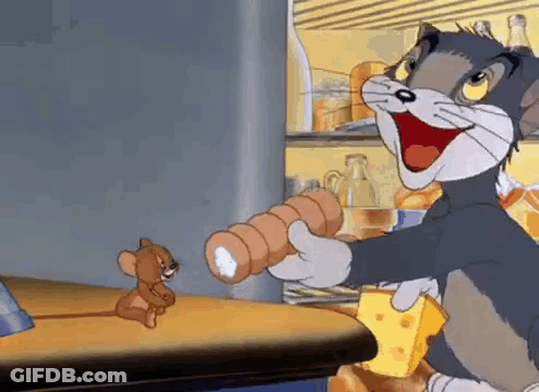 Cartoon Cat Holding Sausage Roll And Cheese While Mouse Looks On GIF