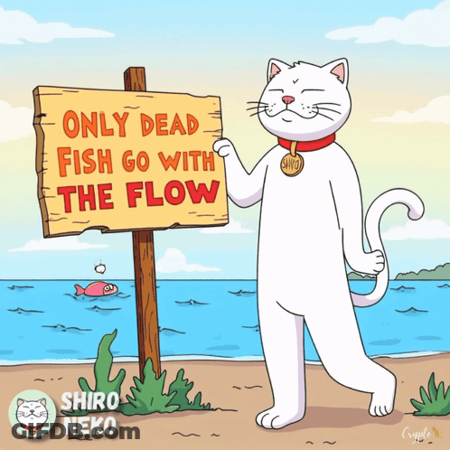 Cartoon Cat Holding Sign Only Dead Fish Go With The Flow GIF
