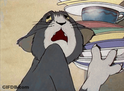 Cartoon Cat Holding Stack Of Dishes GIF
