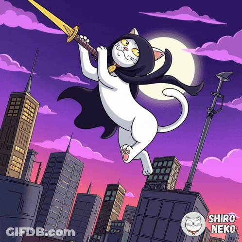 Cartoon Cat Holding Sword Shiro Neko GIF