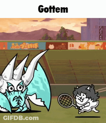Cartoon Cat Holding Tennis Racquet Against Dragon With Horns GIF
