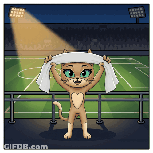 Cartoon Cat Holding Towel Over Head In Front Of Soccer Field GIF