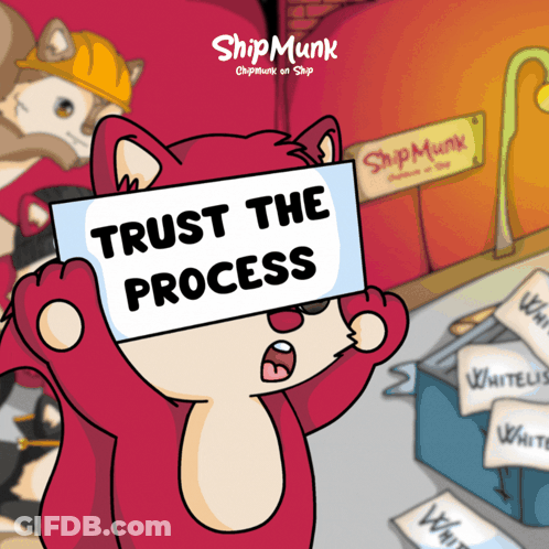 Cartoon Cat Holding Trust The Process Sign GIF