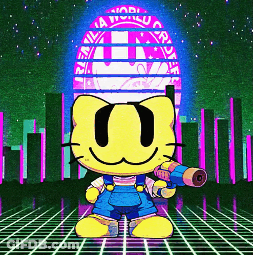 Cartoon Cat Holding Water Gun Saying A World GIF