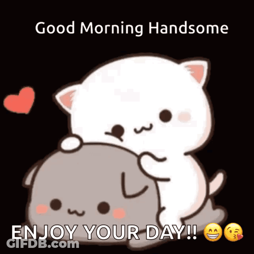 Cartoon Cat Hugging Another Cat Saying Good Morning Handsome Enjoy Your Day GIF