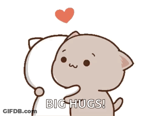 Cartoon Cat Hugging Pillow With Heart Saying Big Hugs GIF