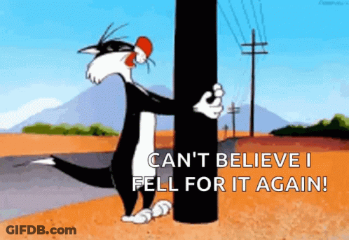 Cartoon Cat Hugging Power Pole Saying Can't Believe I Fell For It Again GIF
