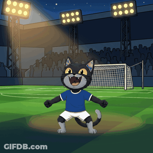 Cartoon Cat In Blue And White On Soccer Field GIF